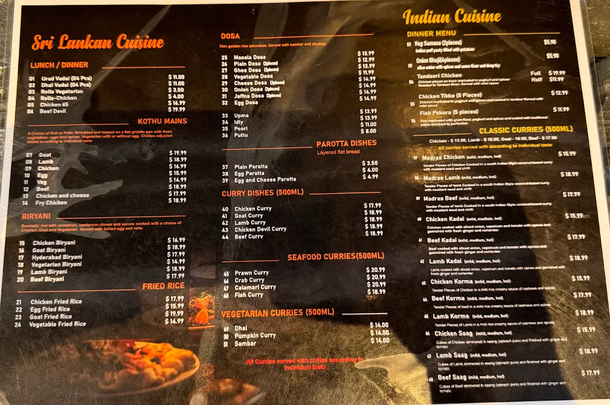 Menu, New Lanka Indian Restaurant