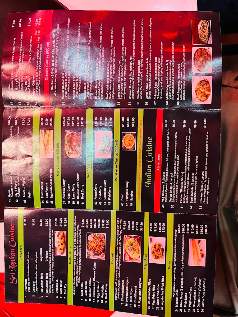 Menu, New Lanka Indian Restaurant