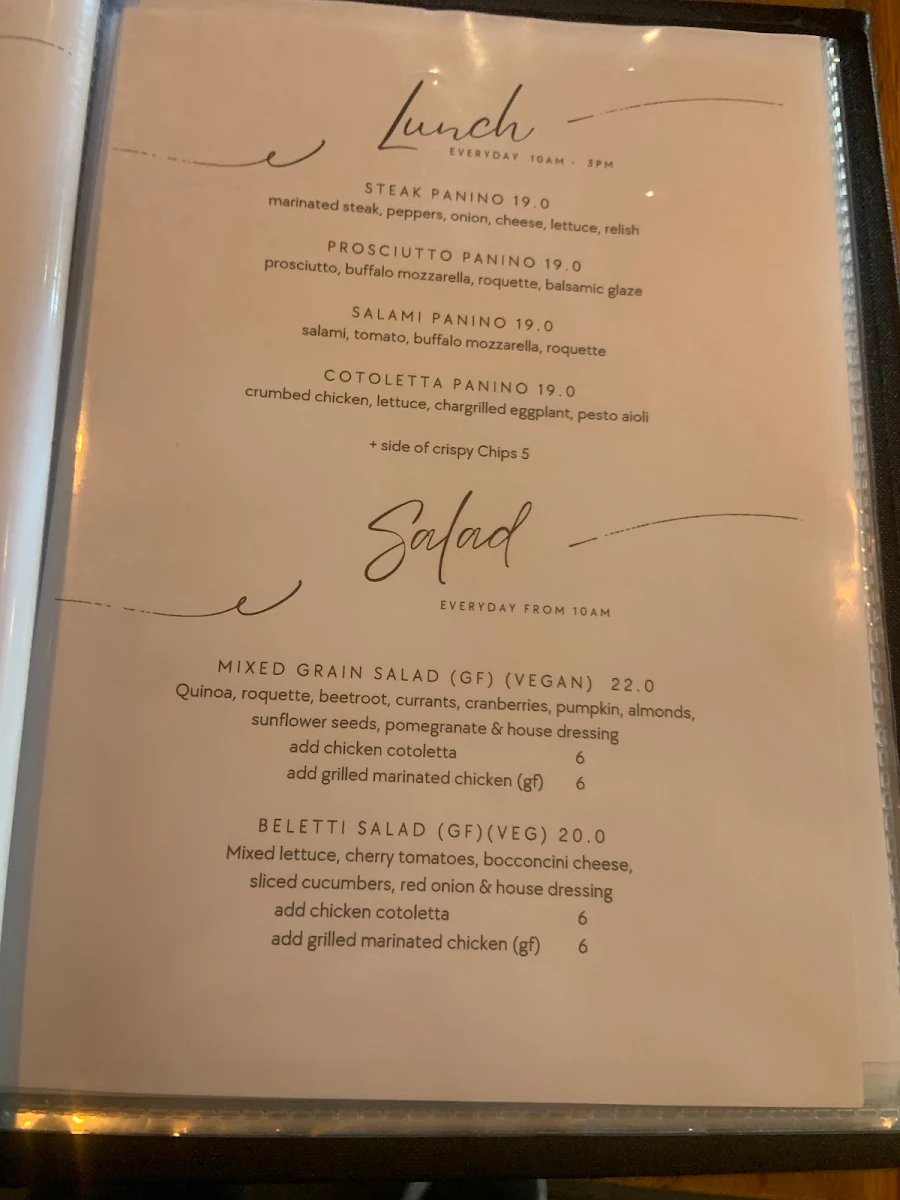 Menu, Beletti Restaurant Cafe Bar ~ Italian Restaurant Dandenong