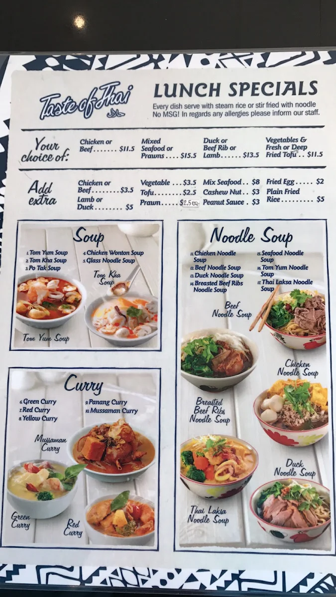 Menu, Taste of Thai Thomastown