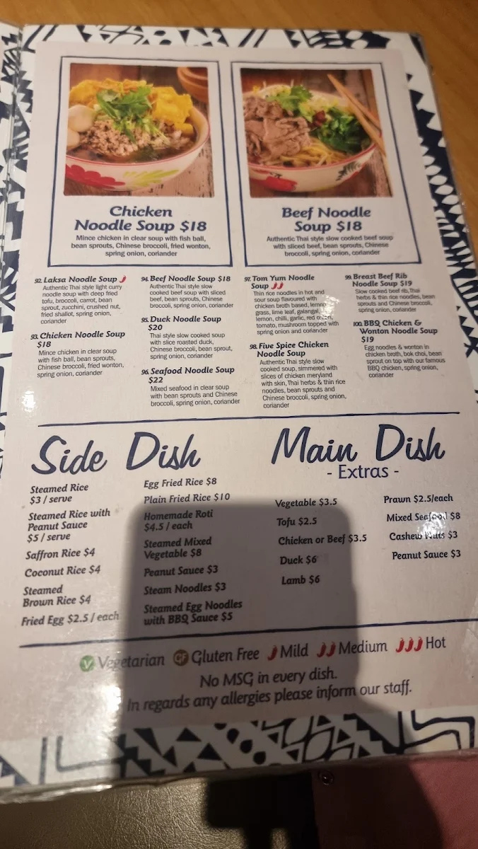 Menu, Taste of Thai Thomastown