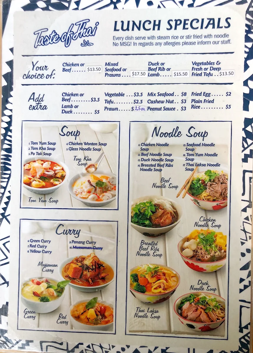 Menu, Taste of Thai Thomastown