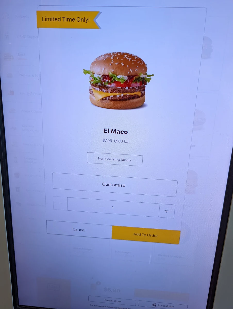 Menu, McDonald's Colac