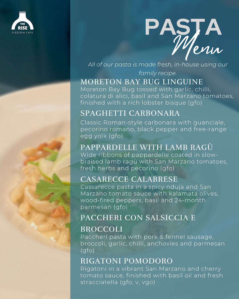 Menu, The Rise Pizzeria Cafe