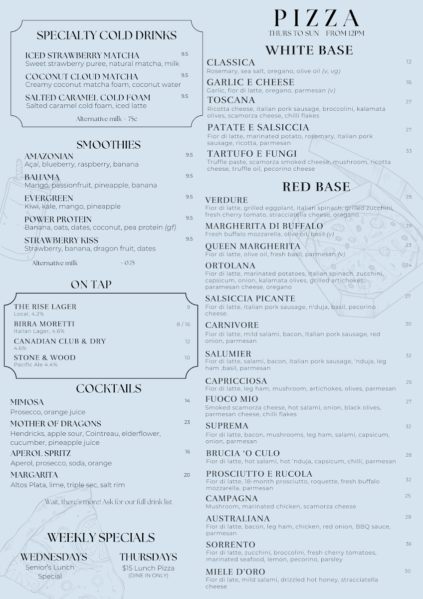 Menu, The Rise Pizzeria Cafe