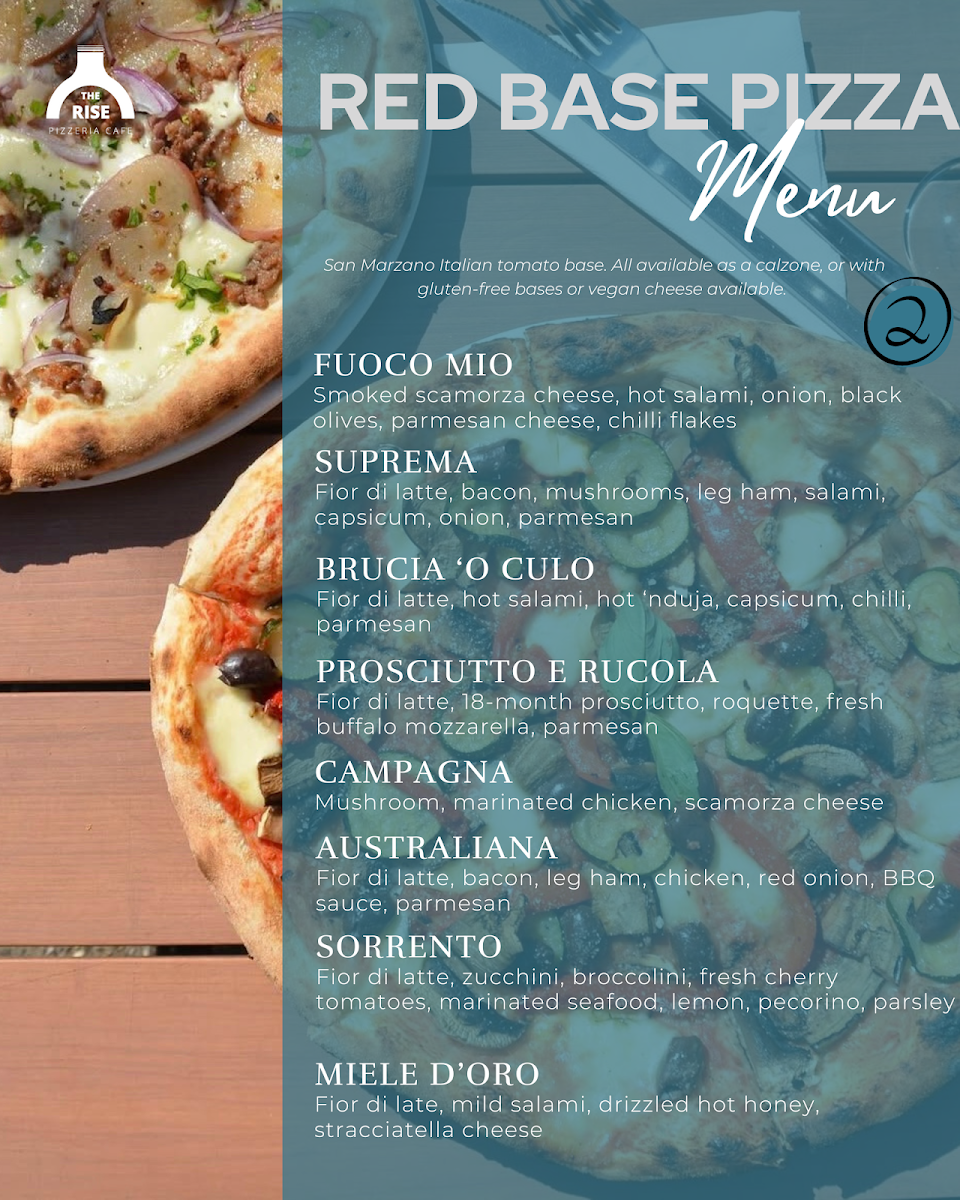 Menu, The Rise Pizzeria Cafe