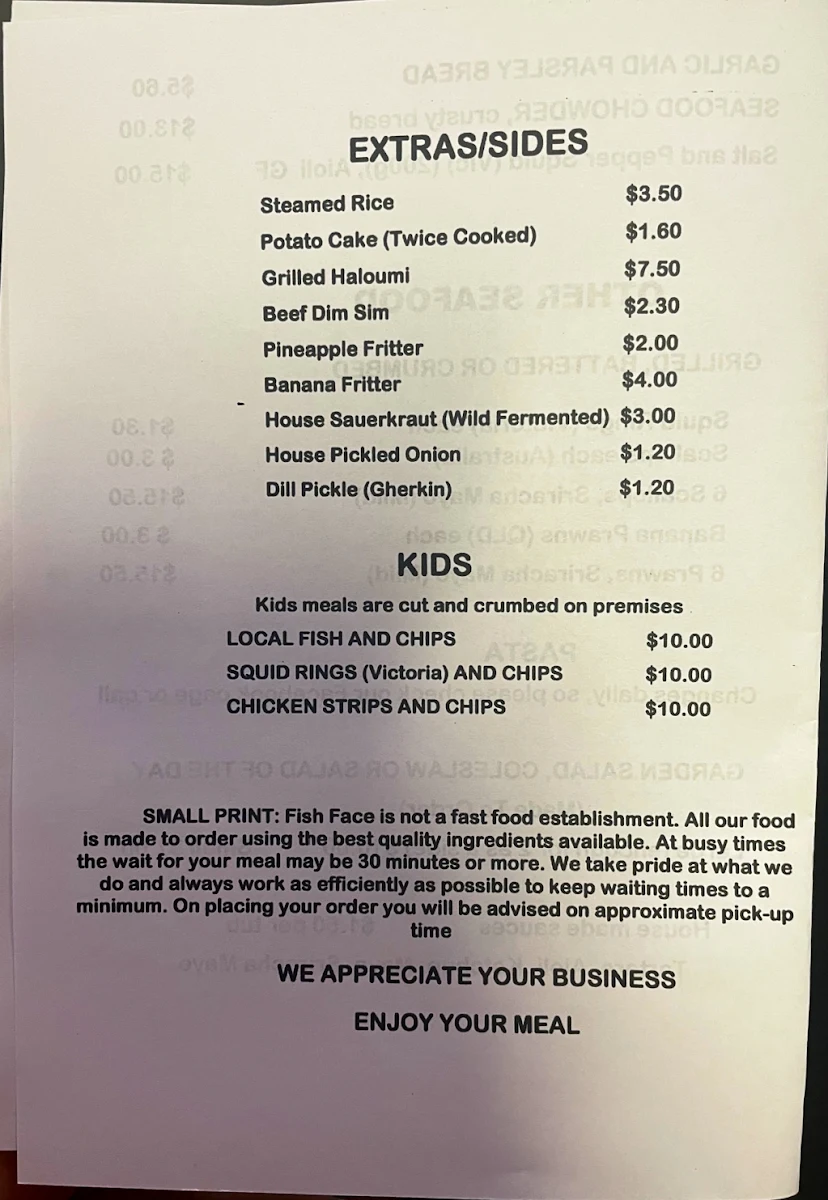Menu, Fish Face Takeaway and Restaurant