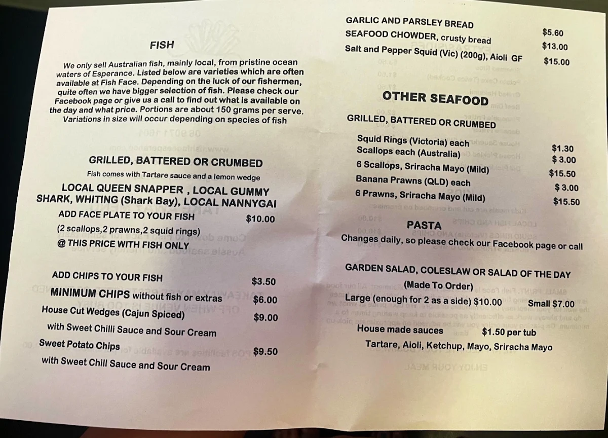 Menu, Fish Face Takeaway and Restaurant