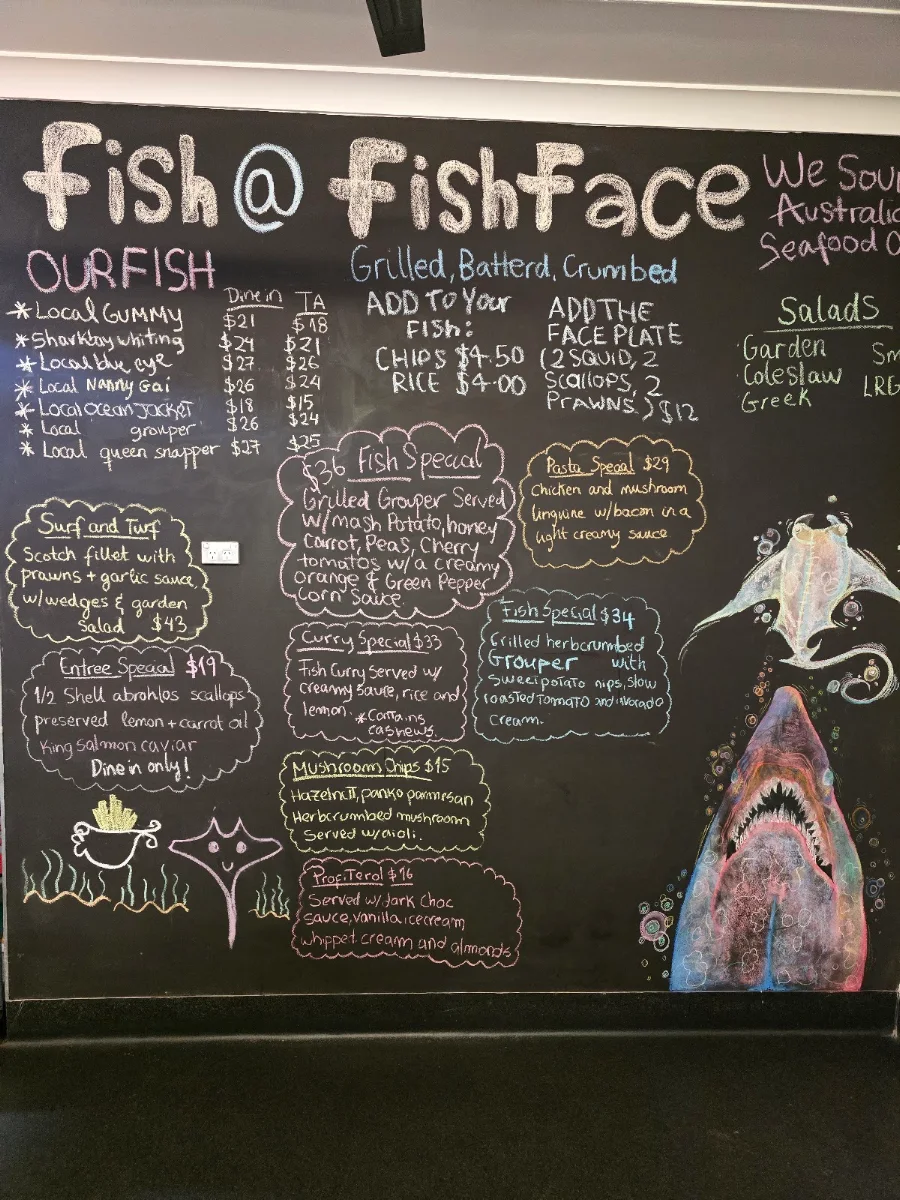 Menu, Fish Face Takeaway and Restaurant