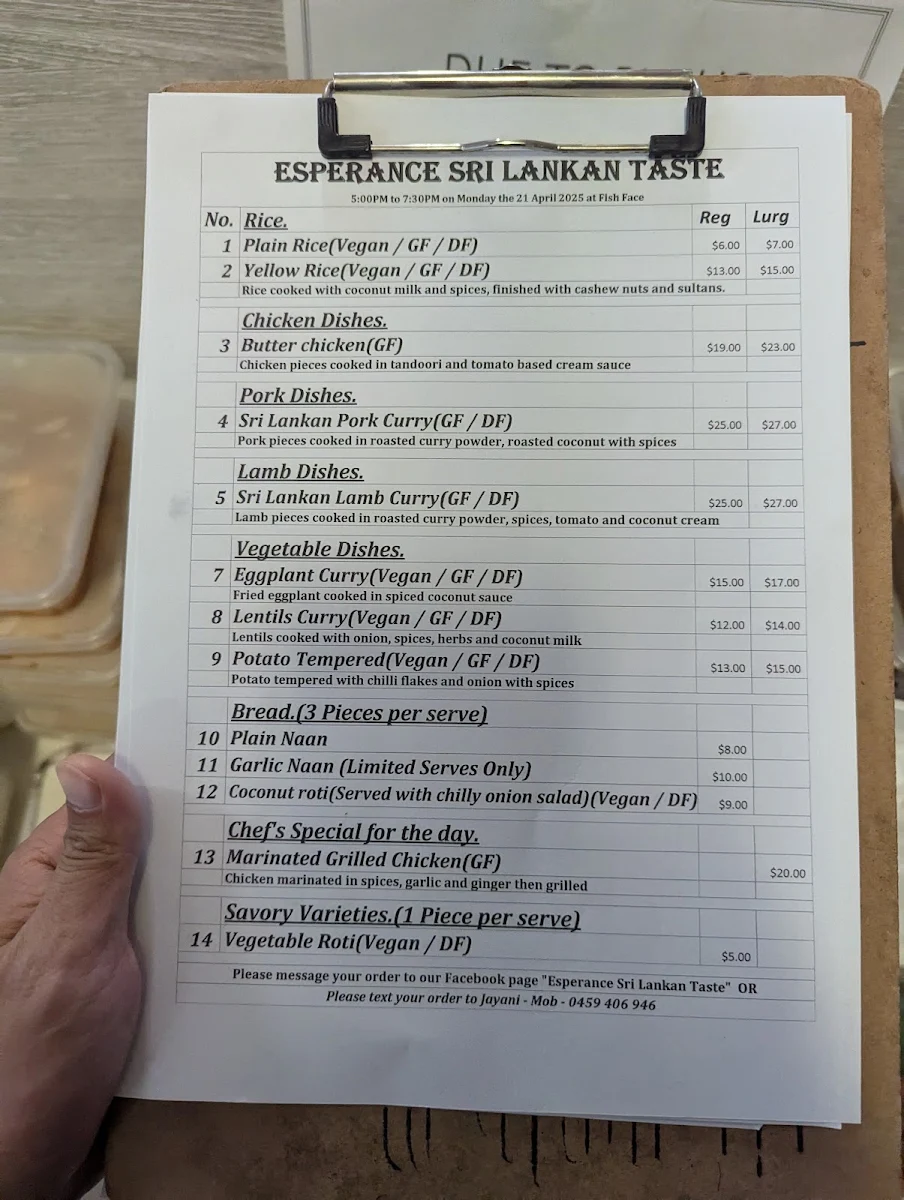 Menu, Fish Face Takeaway and Restaurant