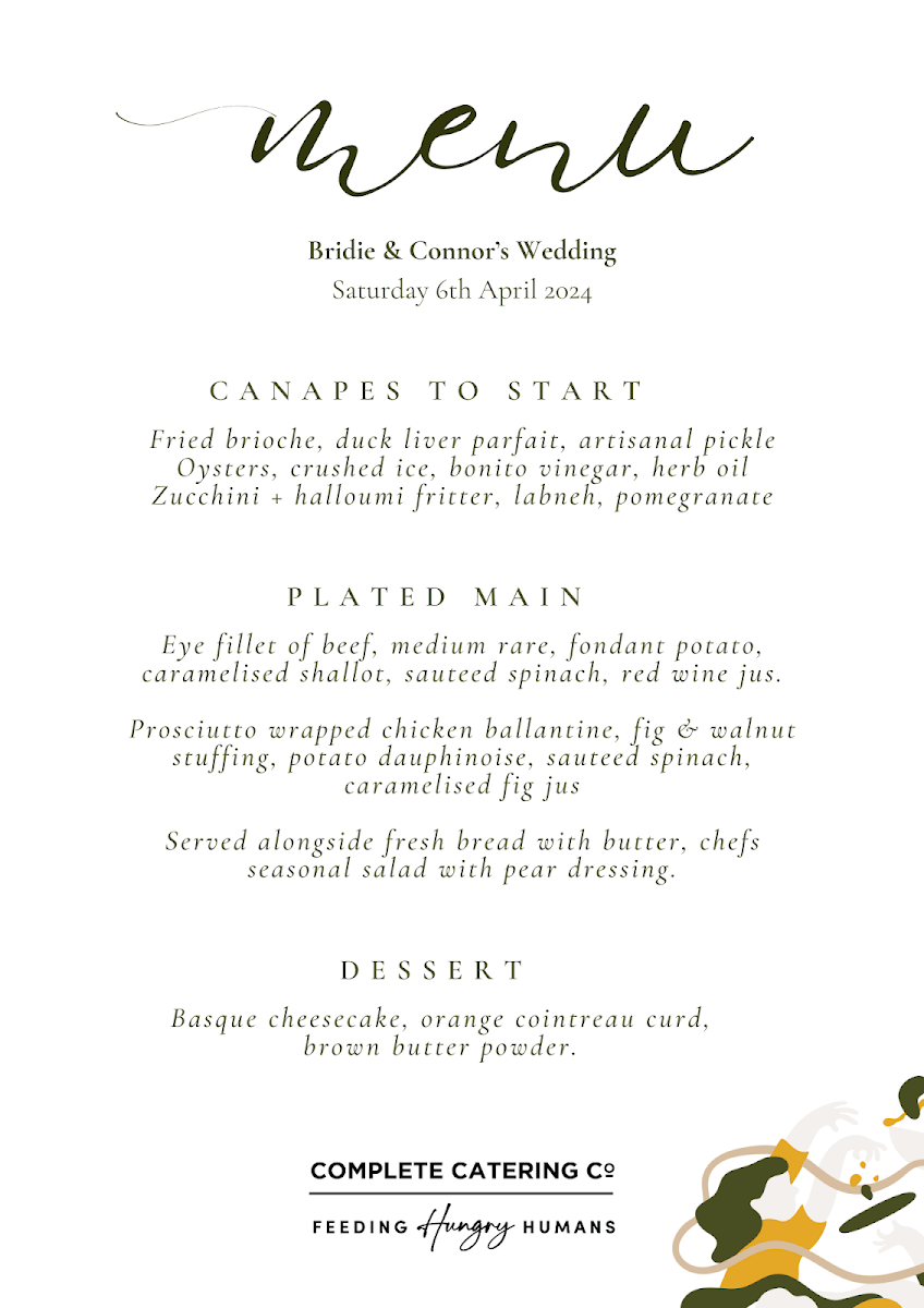Menu, Complete Catering Co