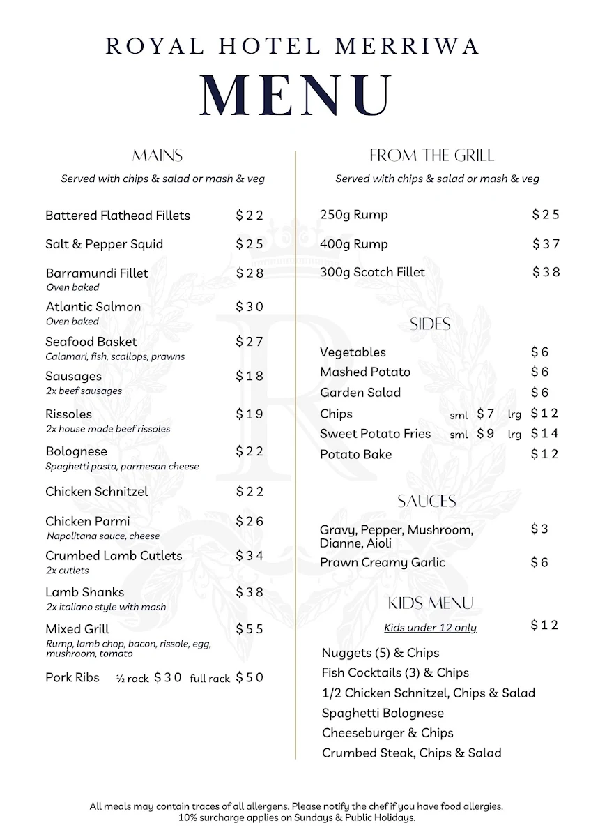 Menu, Royal Hotel Merriwa