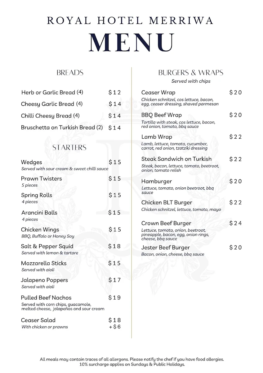 Menu, Royal Hotel Merriwa