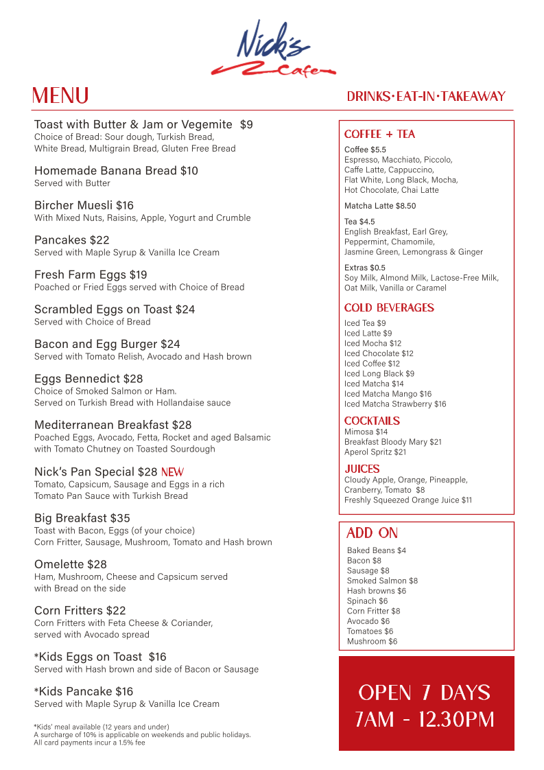 Menu, Nick’s Breakfast Cafe