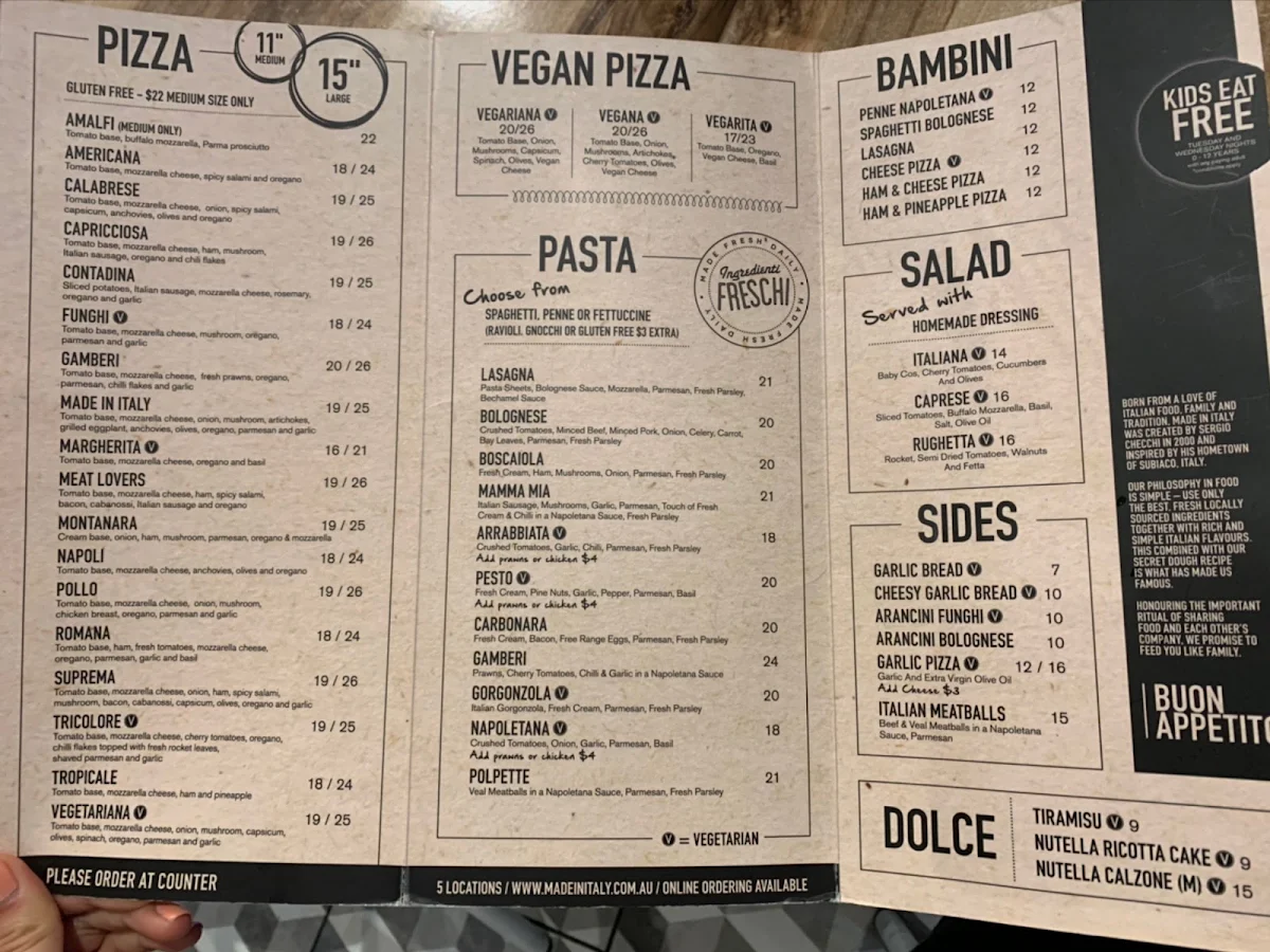 Menu, Made In Italy Alexandria