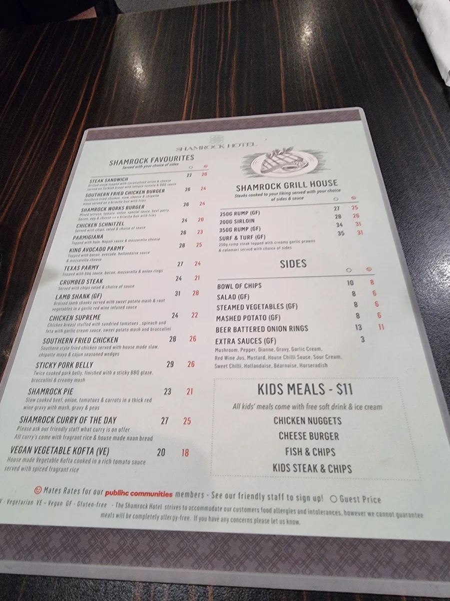 Menu, Restaurant at the Shamrock Hotel