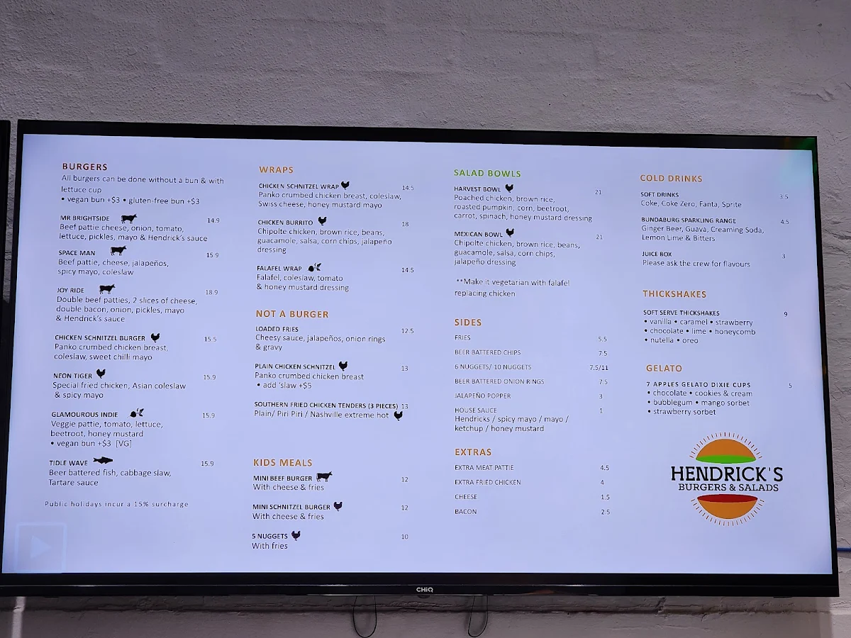 Menu, Hendricks Burgers & Salads