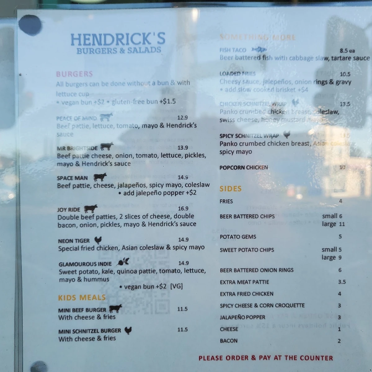 Menu, Hendricks Burgers & Salads
