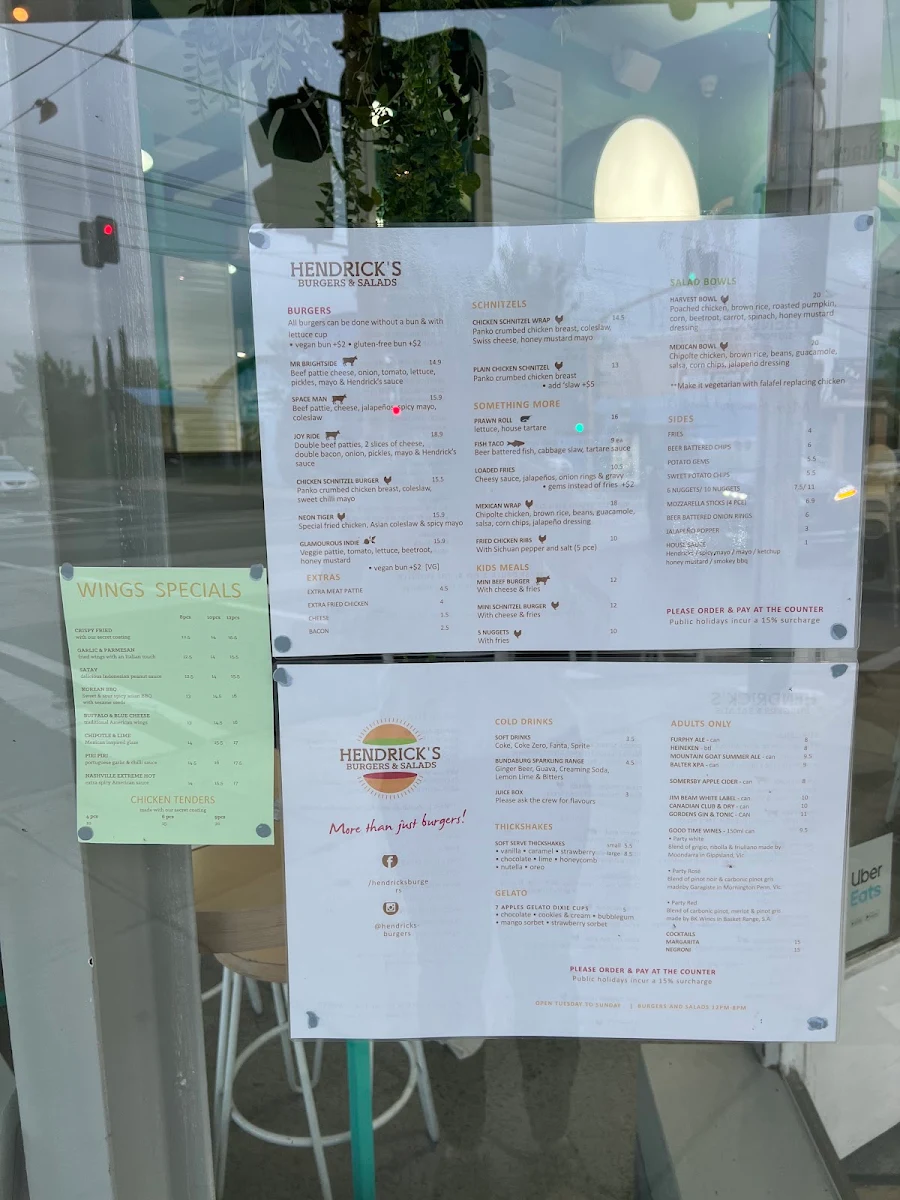 Menu, Hendricks Burgers & Salads