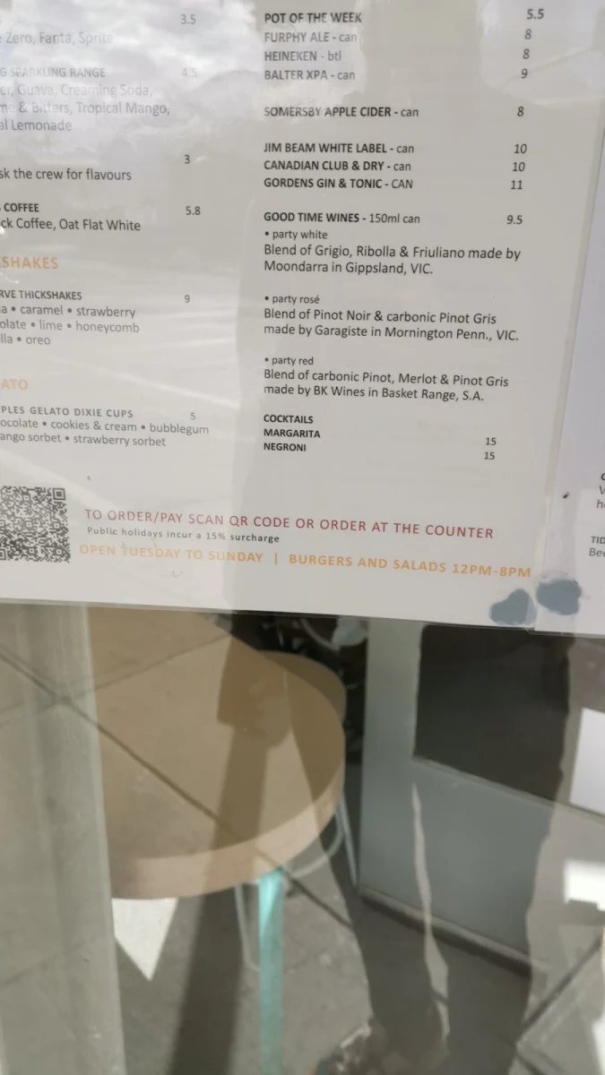 Menu, Hendricks Burgers & Salads