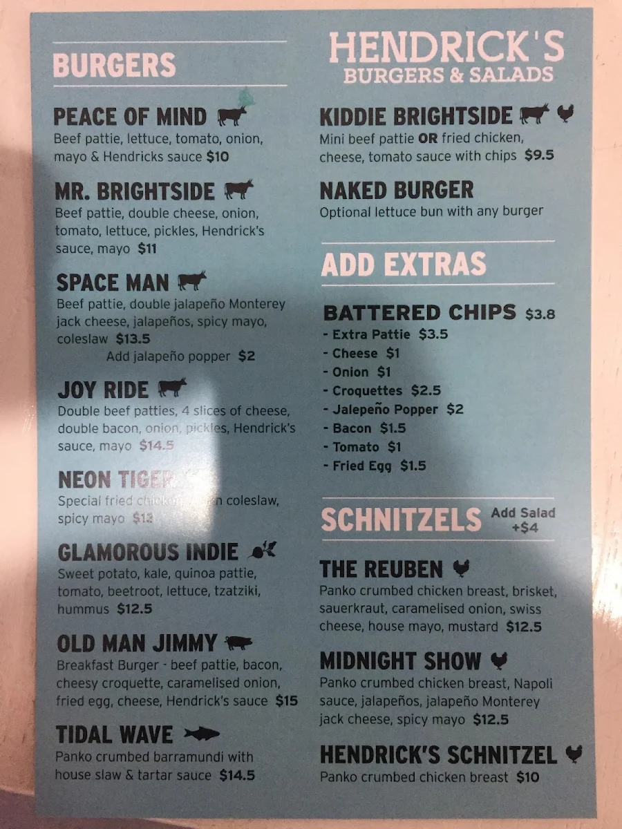 Menu, Hendricks Burgers & Salads
