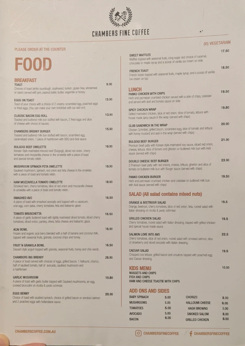 Menu, Chambers Coffee Top Ryde - Coles Level