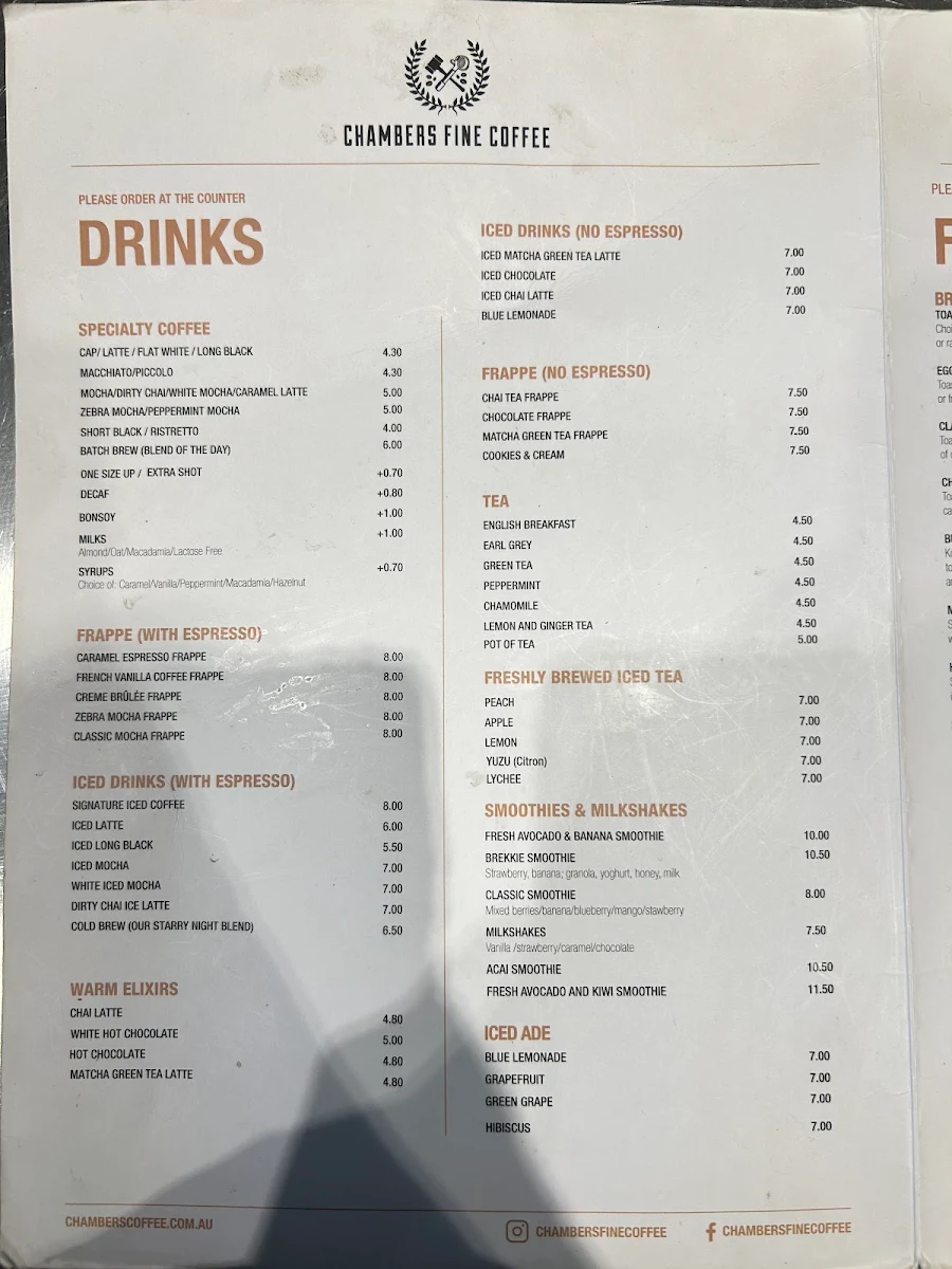 Menu, Chambers Coffee Top Ryde - Coles Level