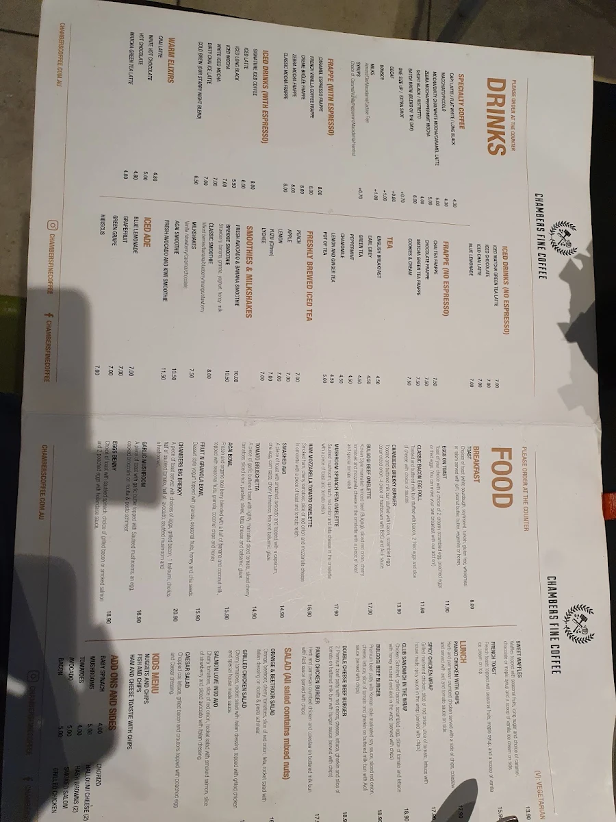 Menu, Chambers Coffee Top Ryde - Coles Level