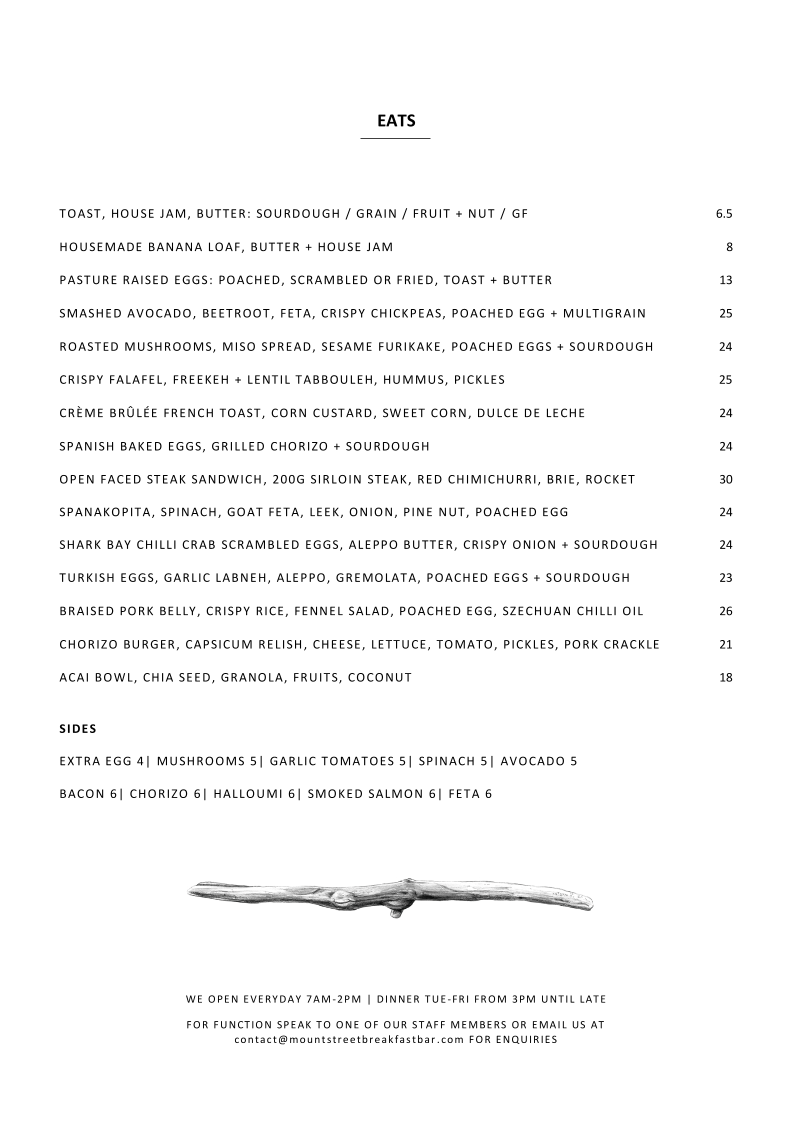 Menu, Mount Street Breakfast Bar