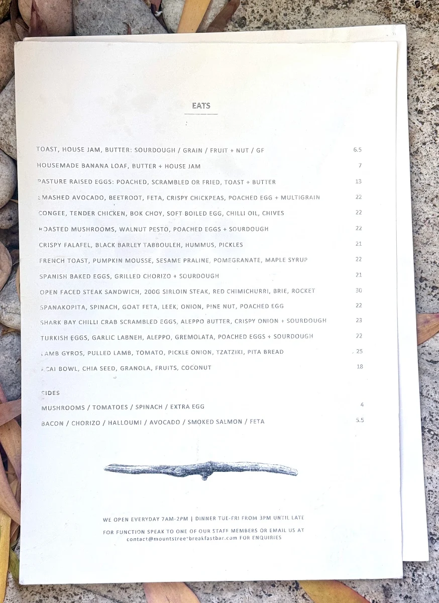 Menu, Mount Street Breakfast Bar