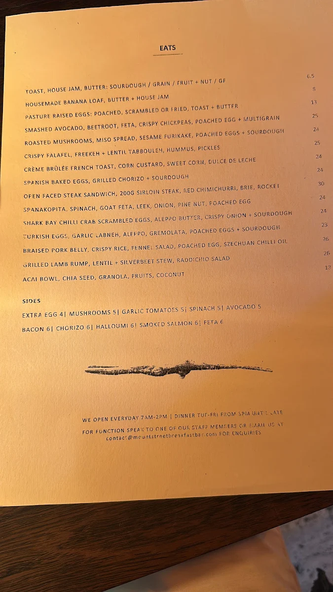 Menu, Mount Street Breakfast Bar
