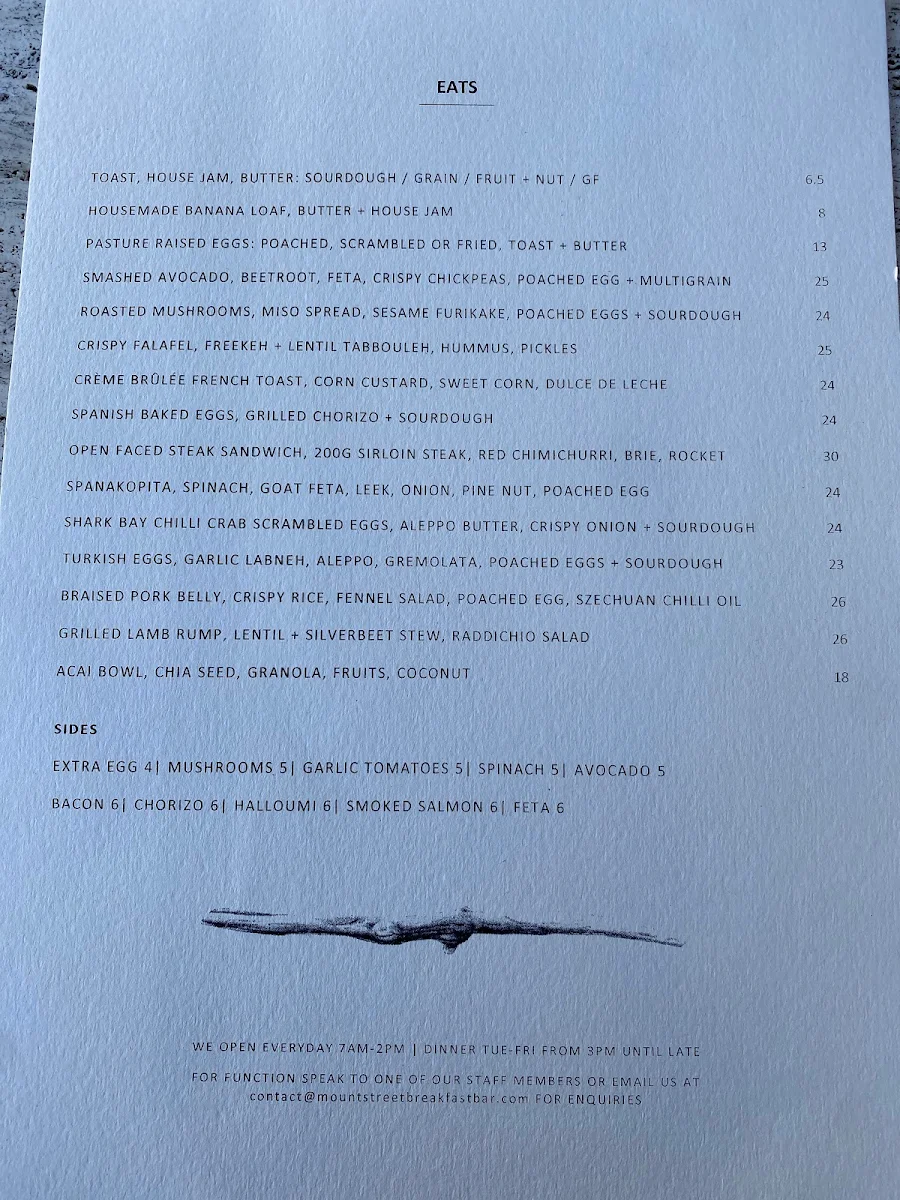 Menu, Mount Street Breakfast Bar