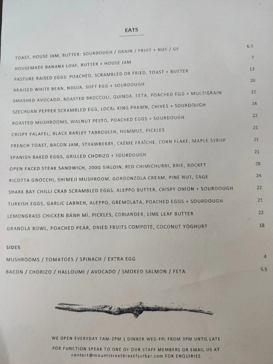 Menu, Mount Street Breakfast Bar
