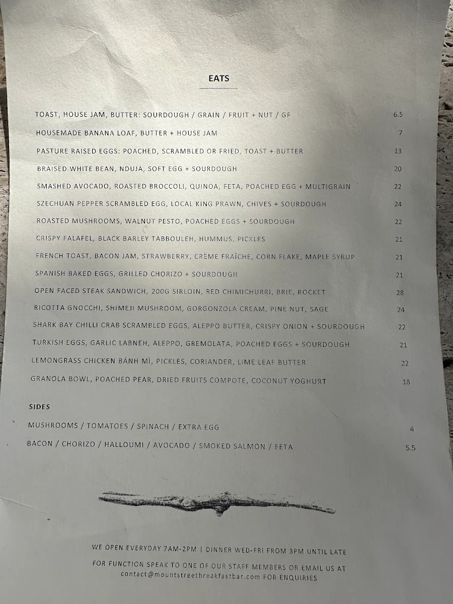 Menu, Mount Street Breakfast Bar
