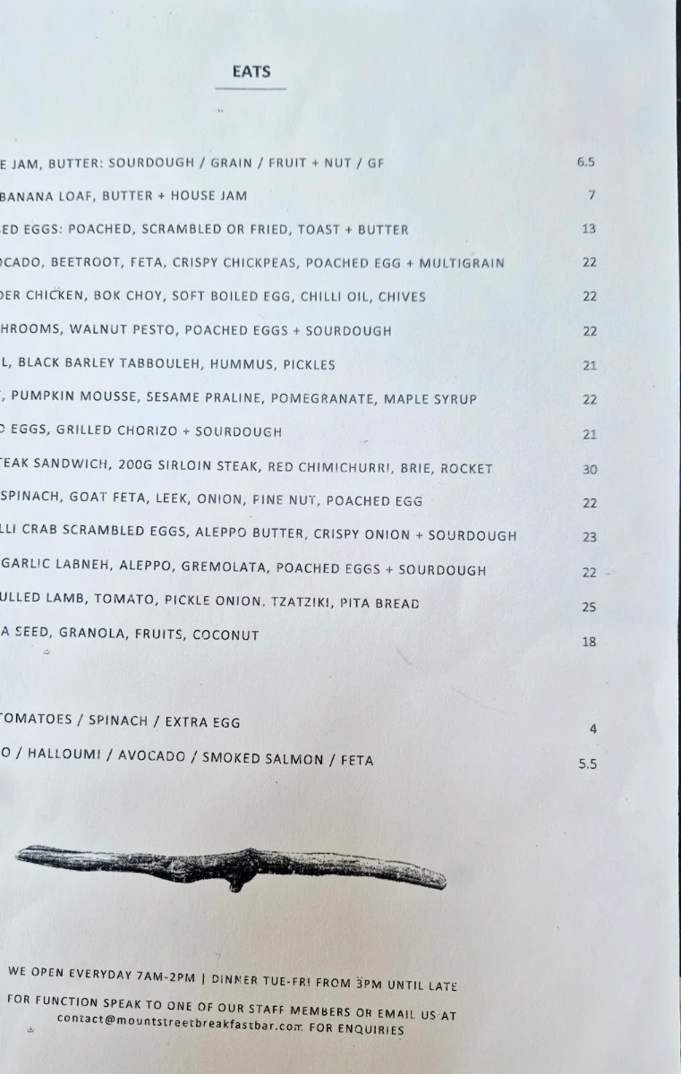 Menu, Mount Street Breakfast Bar