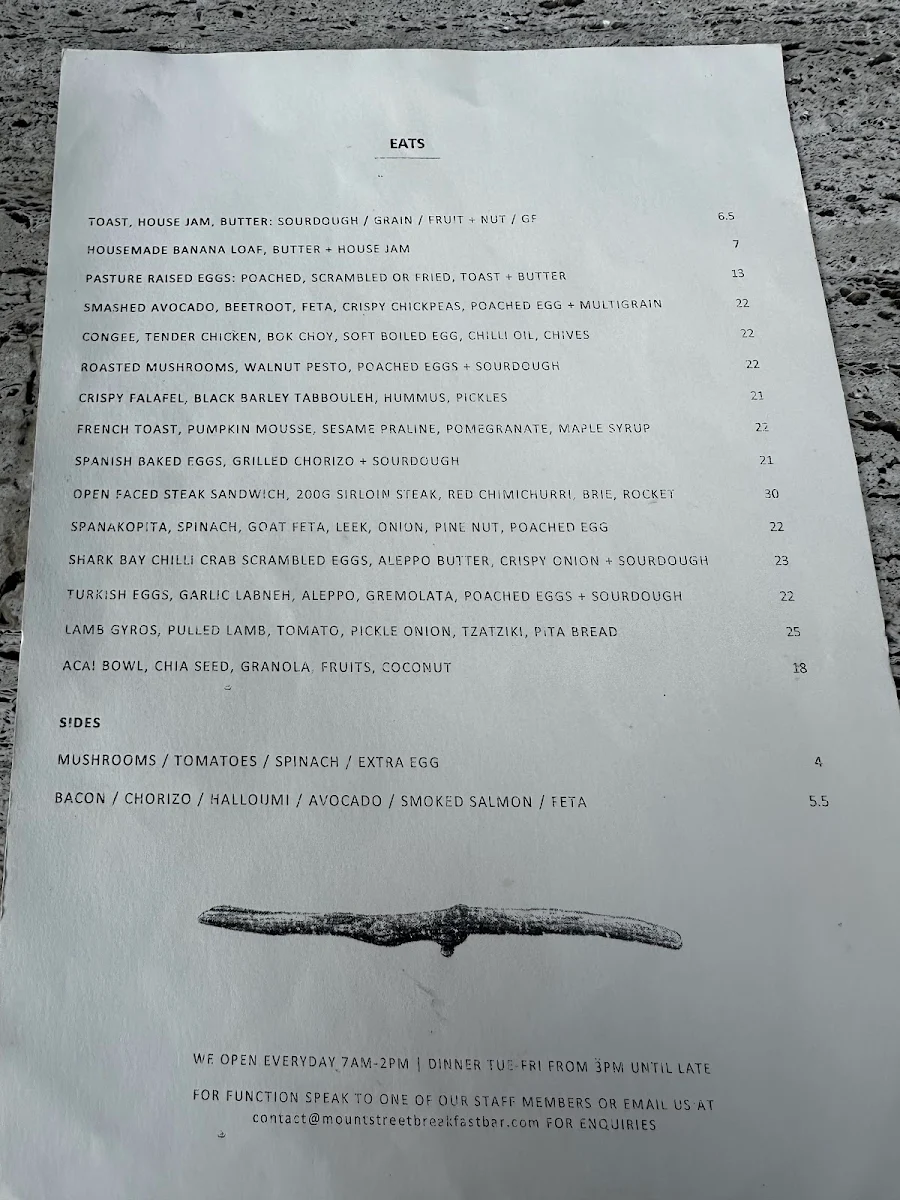 Menu, Mount Street Breakfast Bar