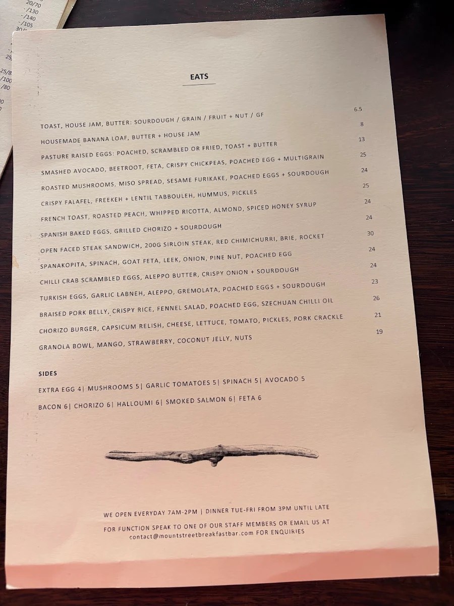 Menu, Mount Street Breakfast Bar