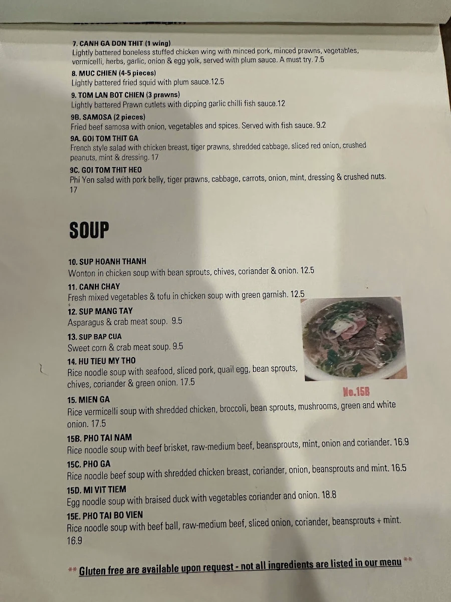 Menu, Phi Yen Vietnamese Restaurant