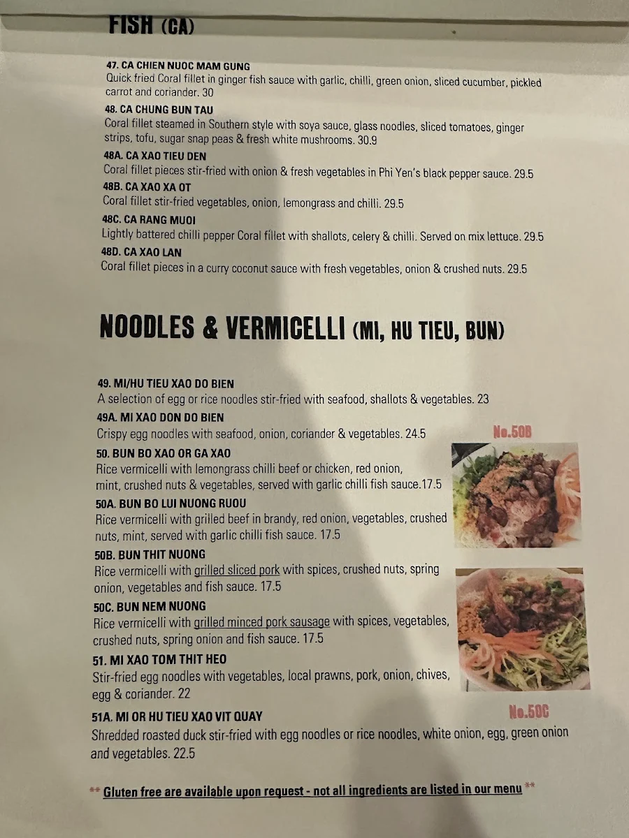 Menu, Phi Yen Vietnamese Restaurant
