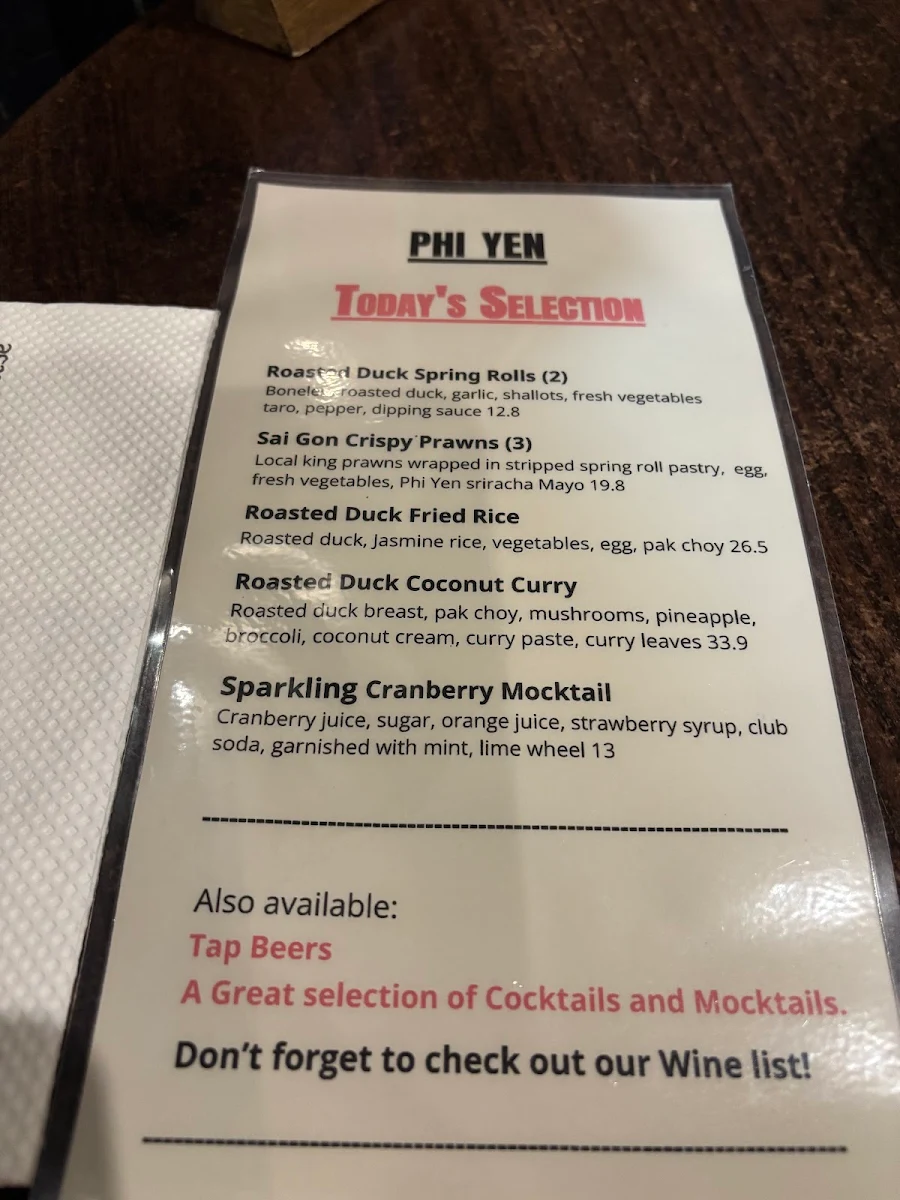 Menu, Phi Yen Vietnamese Restaurant