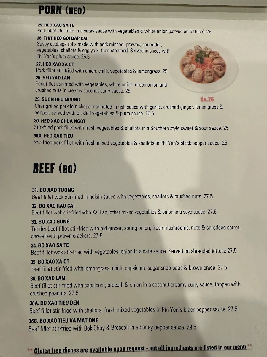 Menu, Phi Yen Vietnamese Restaurant