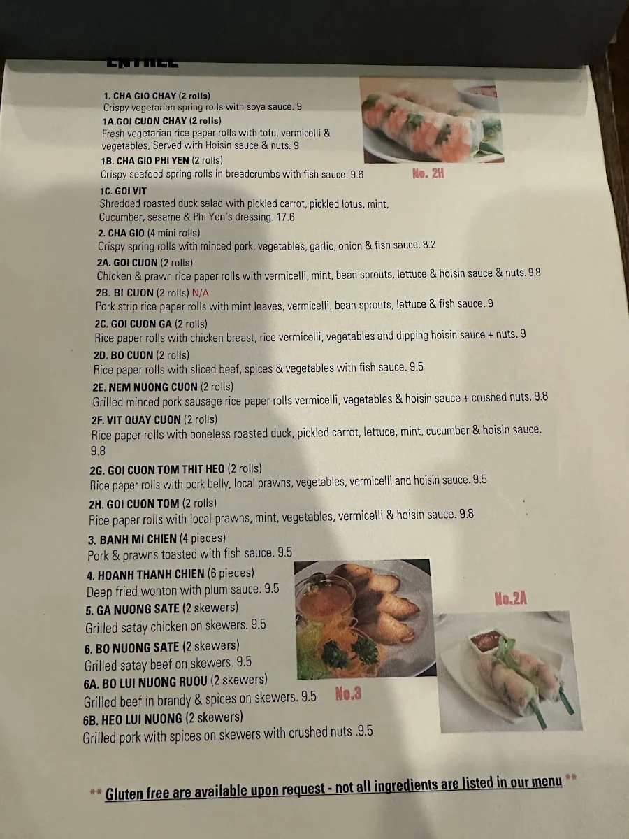 Menu, Phi Yen Vietnamese Restaurant