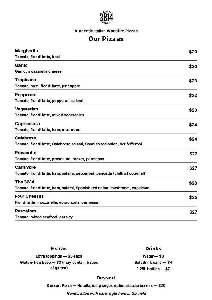 Menu, Pizzeria 3814