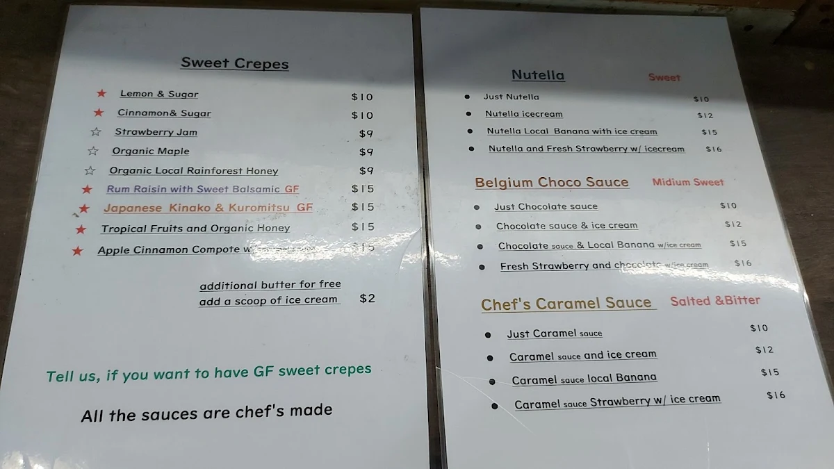 Menu, La Creperie in Cairns