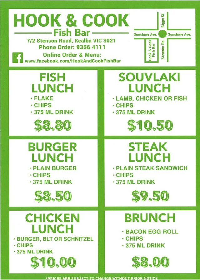 Menu, Hook & Cook Fish Bar