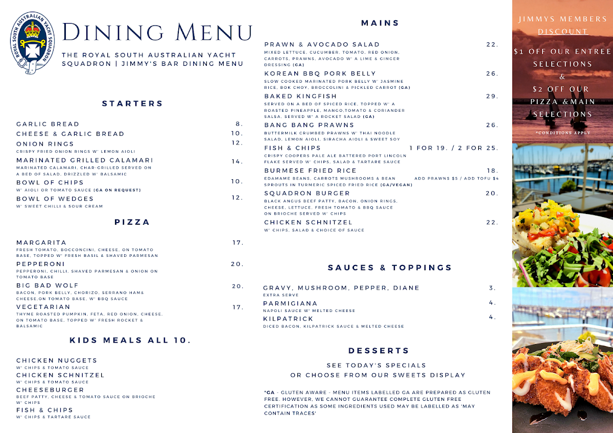 Menu, Royal South Australian Yacht Squadron (RSAYS)