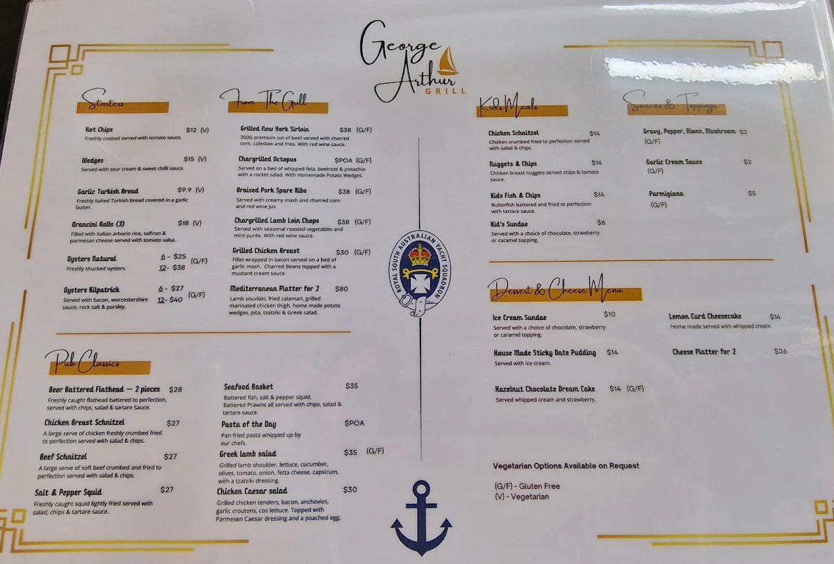 Menu, Royal South Australian Yacht Squadron (RSAYS)