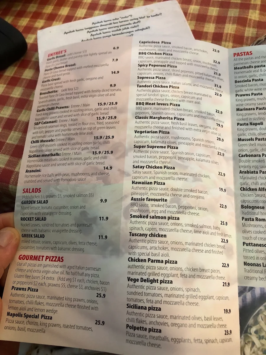Menu, Napoli Pizza Pasta Restaurant