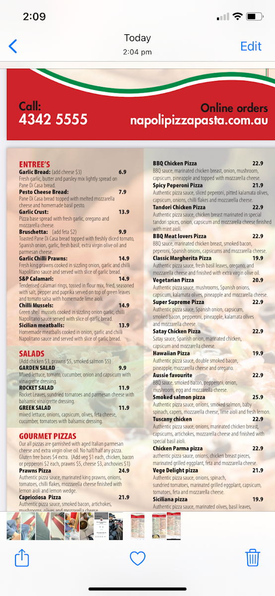 Menu, Napoli Pizza Pasta Restaurant