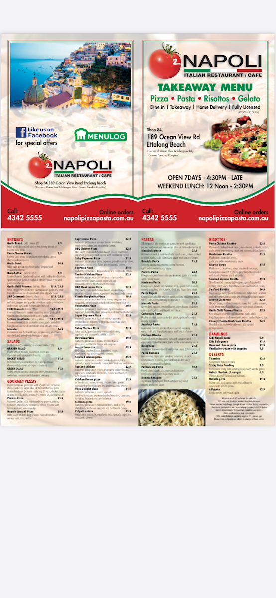 Menu, Napoli Pizza Pasta Restaurant